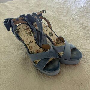 Nicola Bathie x Antonio Melani Blue Suede Platform Heels | Rhinestone Bow | Size